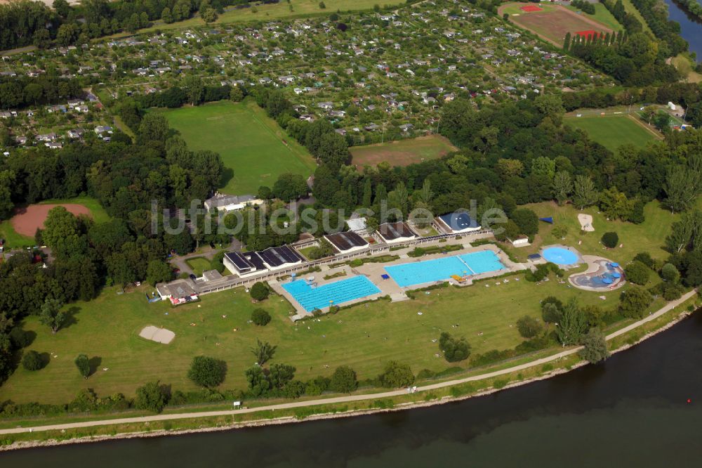 Wiesbaden von oben - Badegäste auf den Liegewiesen am Schwimmbecken des Freibades Maaraue in Wiesbaden im Bundesland Hessen, Deutschland