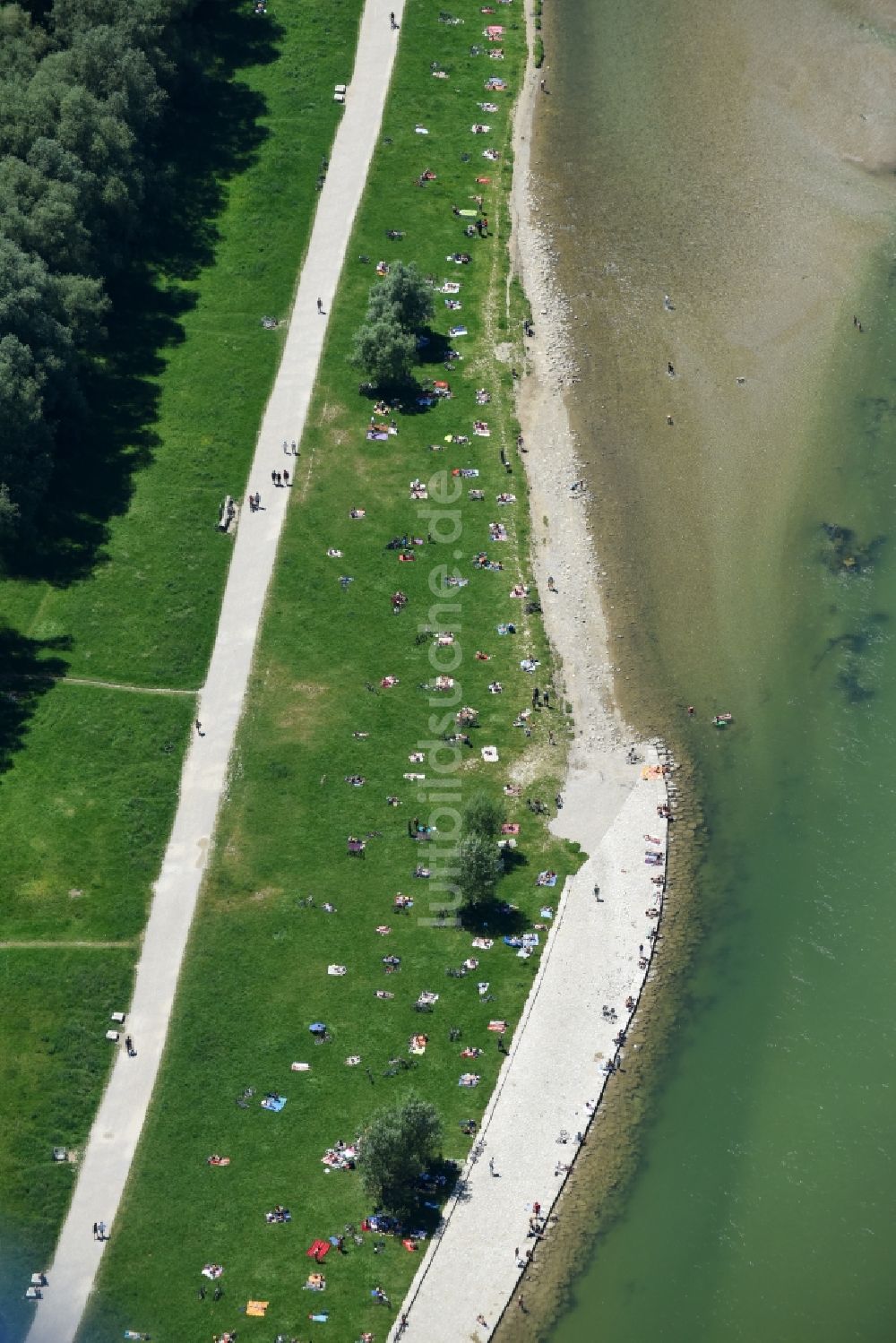 München von oben - Badegäste am Uferbereich des Flußverlauf der Isar im Ortsteil Ludwigsvorstadt-Isarvorstadt in München im Bundesland Bayern, Deutschland