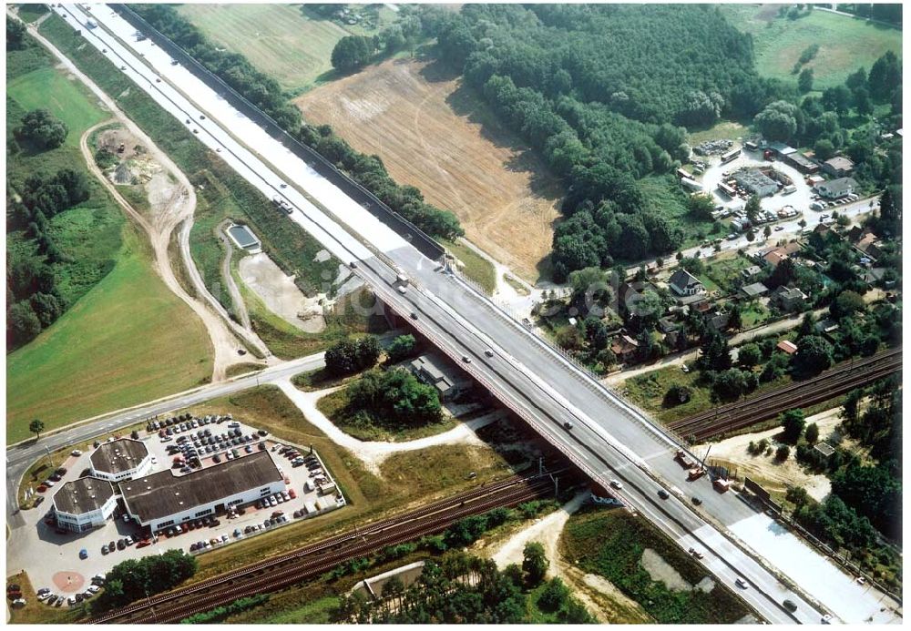 Königs Wusterhausen von oben - Bau der Autobahnbrücke (A10) über die Straße zwischen Königs Wusterhausen und Niederlehme - ein Projekt der SCHÄLERBAU BERLIN GmbH