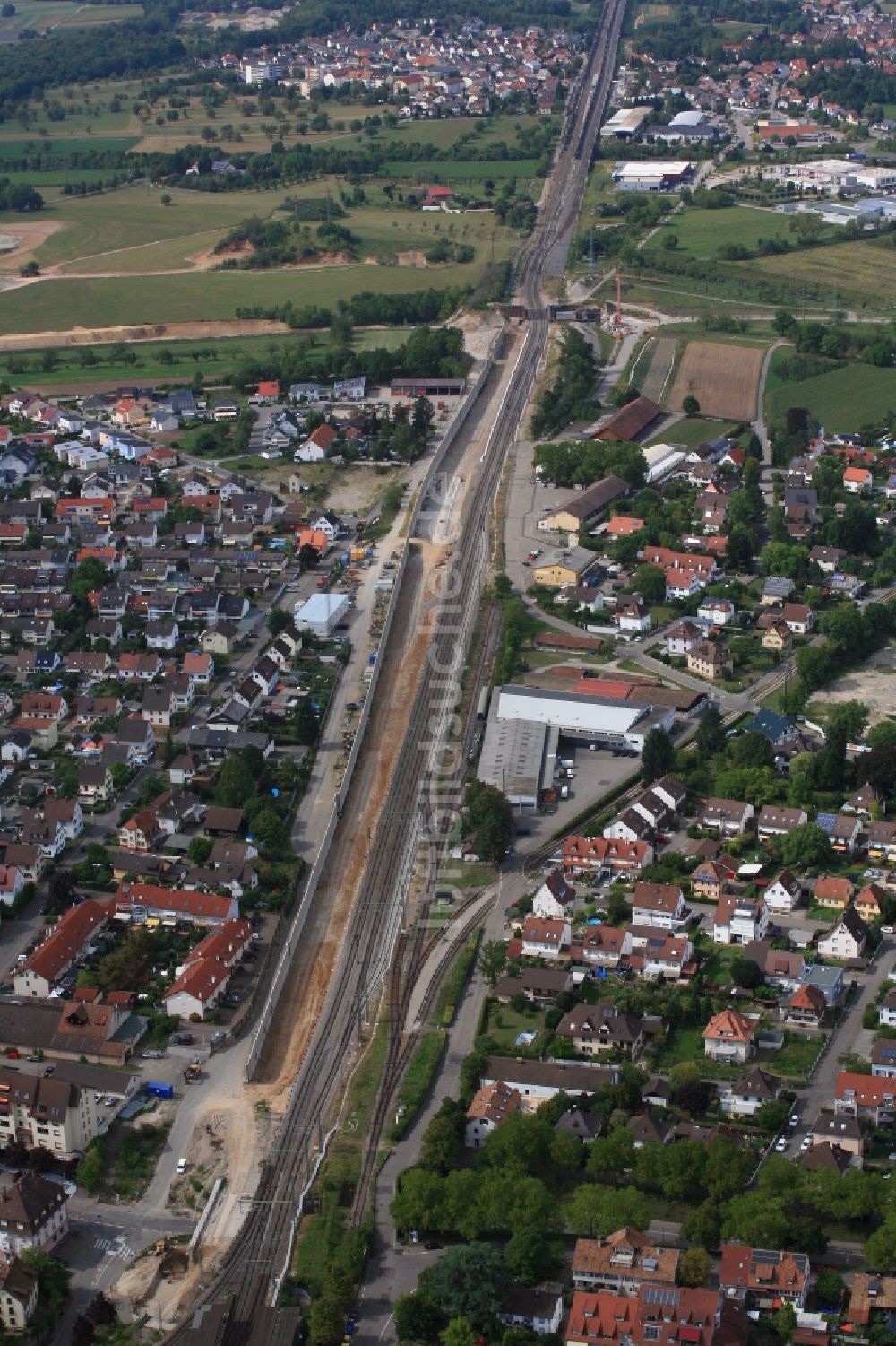 Weil am Rhein von oben - Bau- und Instandhaltungsarbeiten am Gleis- Verlauf im Streckennetz der Deutschen Bahn zum vierspurigen Ausbau der Alpentransversale in Weil am Rhein im Bundesland Baden-Württemberg, Deutschland