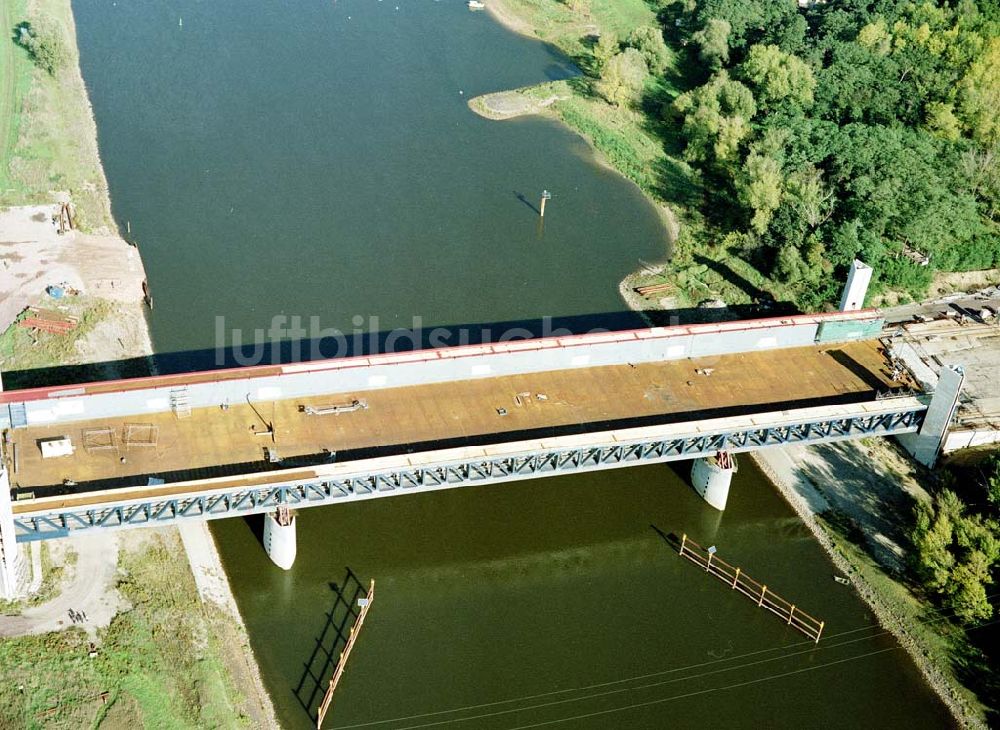 Hohenwarthe von oben - Bau der Kanalbrücke zwischen dem Schiffshebewerk Rothensee und der Doppelsparschleuse Hohenwarthe am Wasserstraßenkreuz Magdeburg