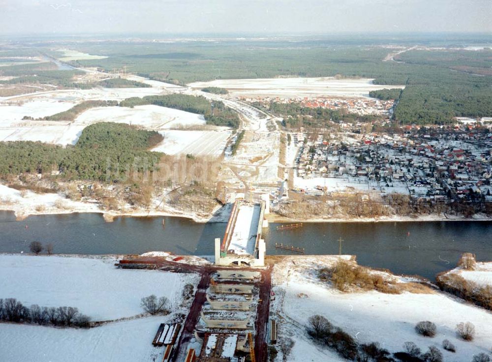 Hohenwarthe von oben - Bau der Kanalbrücke zwischen dem Schiffshebewerk Rothensee und der Doppelsparschleuse Hohenwarthe am Wasserstraßenkreuz Magdeburg