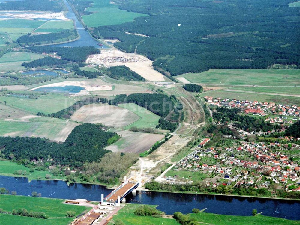 Hohenwarthe von oben - Bau der Kanalbrücke zwischen dem Schiffshebewerk Rothensee und der Doppelsparschleuse Hohenwarthe am Wasserstraßenkreuz Magdeburg