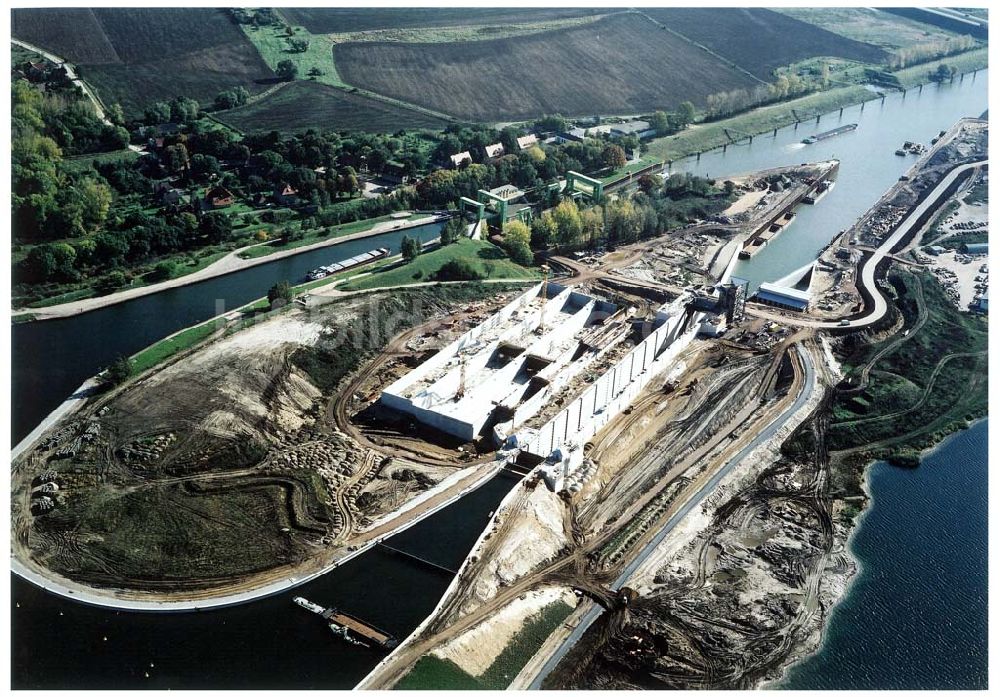 Rothensee von oben - Bau der Schleuse Rothensee am Schiffshebewerk Rothensee am Wasserstraßenkreuz Magdeburg.