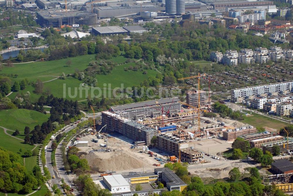 Luftaufnahme München - Bau der Wohnanlagen in der Ackermannstraße (Ackermannbogen) in München