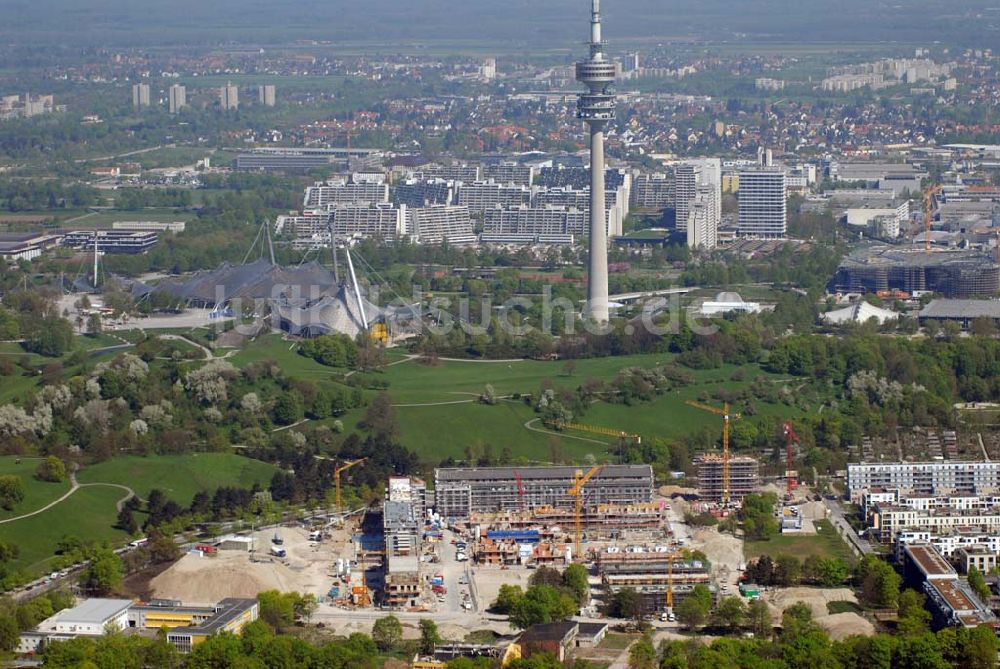 Luftaufnahme München - Bau der Wohnanlagen in der Ackermannstraße (Ackermannbogen) in München