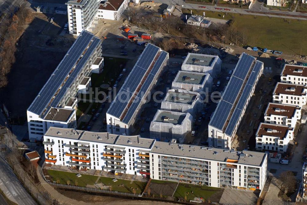 München von oben - Bau der Wohnanlagen in der Ackermannstraße (Ackermannbogen) in München