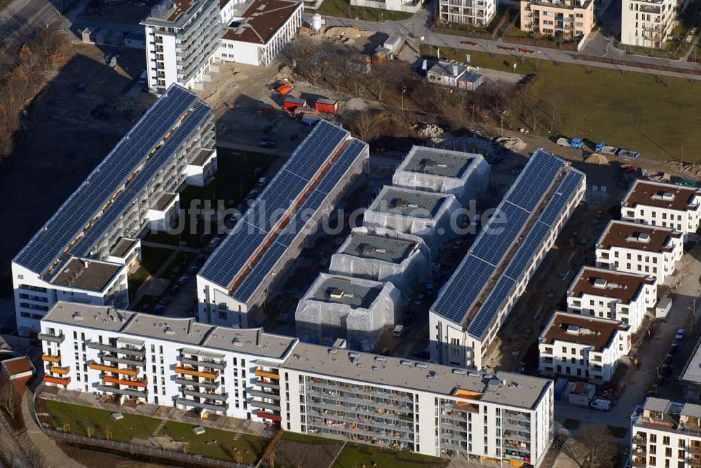 München aus der Vogelperspektive: Bau der Wohnanlagen in der Ackermannstraße (Ackermannbogen) in München