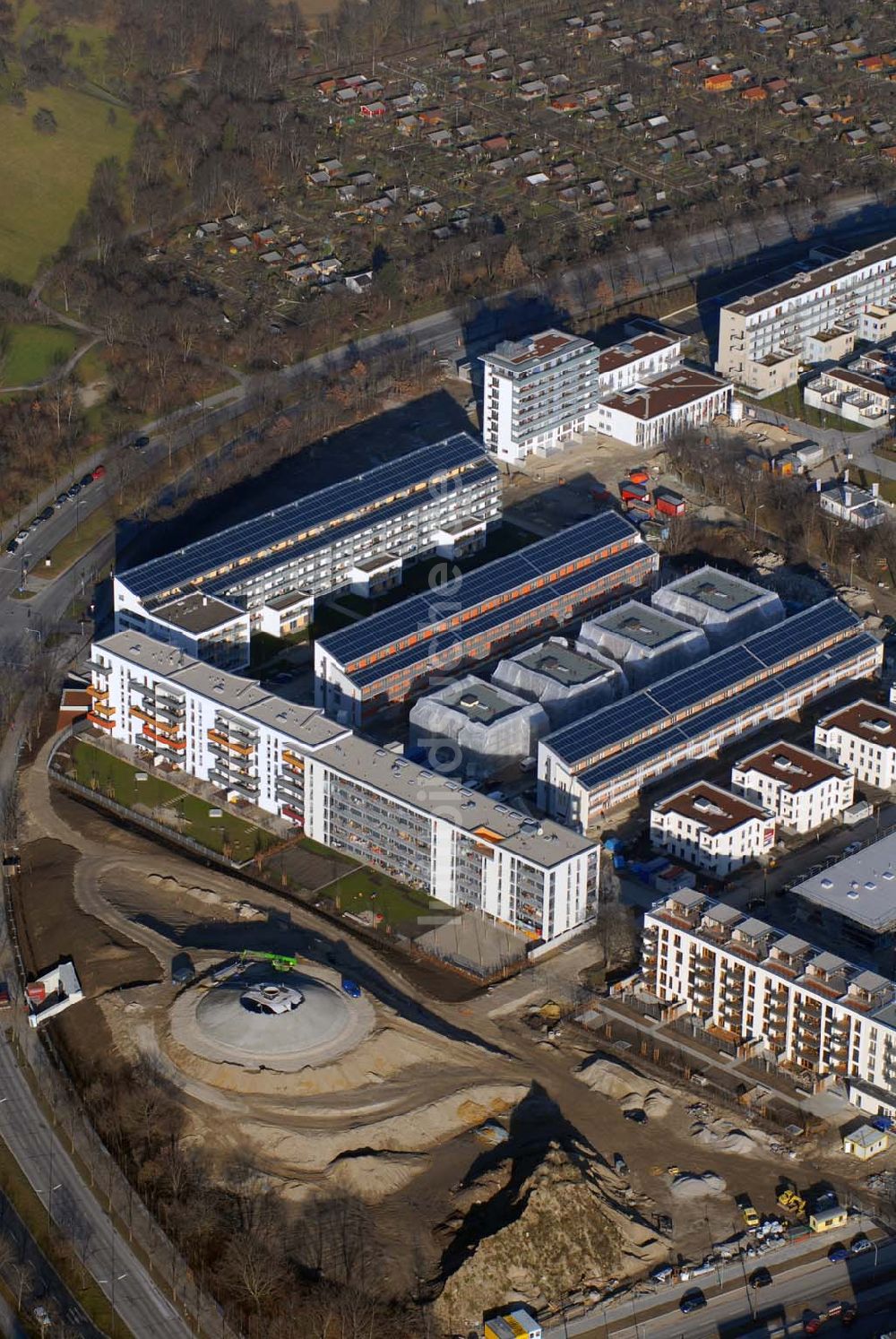 Luftaufnahme München - Bau der Wohnanlagen in der Ackermannstraße (Ackermannbogen) in München