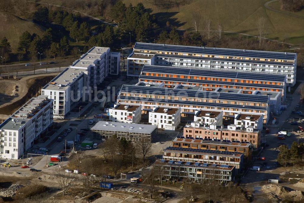 Luftbild München - Bau der Wohnanlagen in der Ackermannstraße (Ackermannbogen) in München