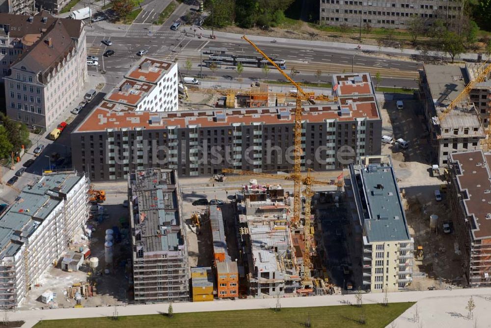 Luftbild München - Bau der Wohnanlagen im Arnulfpark in München