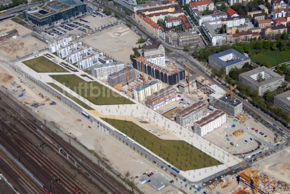 Luftbild München - Bau der Wohnanlagen im Arnulfpark in München