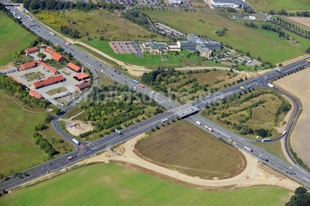 Rangsdorf von oben - Bauarbeiten an der Autobahnanschlussstelle Rangsdorf im Bundesland Brandenburg