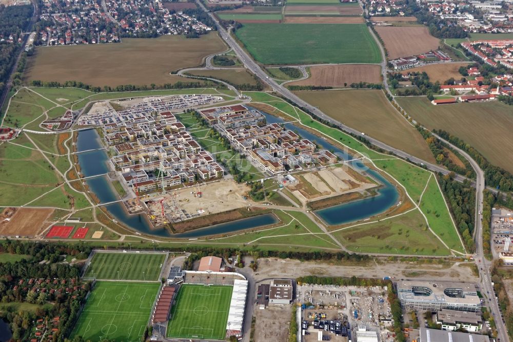 Neubiberg von oben - Bauarbeiten auf der Baustelle im Südteil des Campeon-Geländes in Neubiberg im Bundesland Bayern