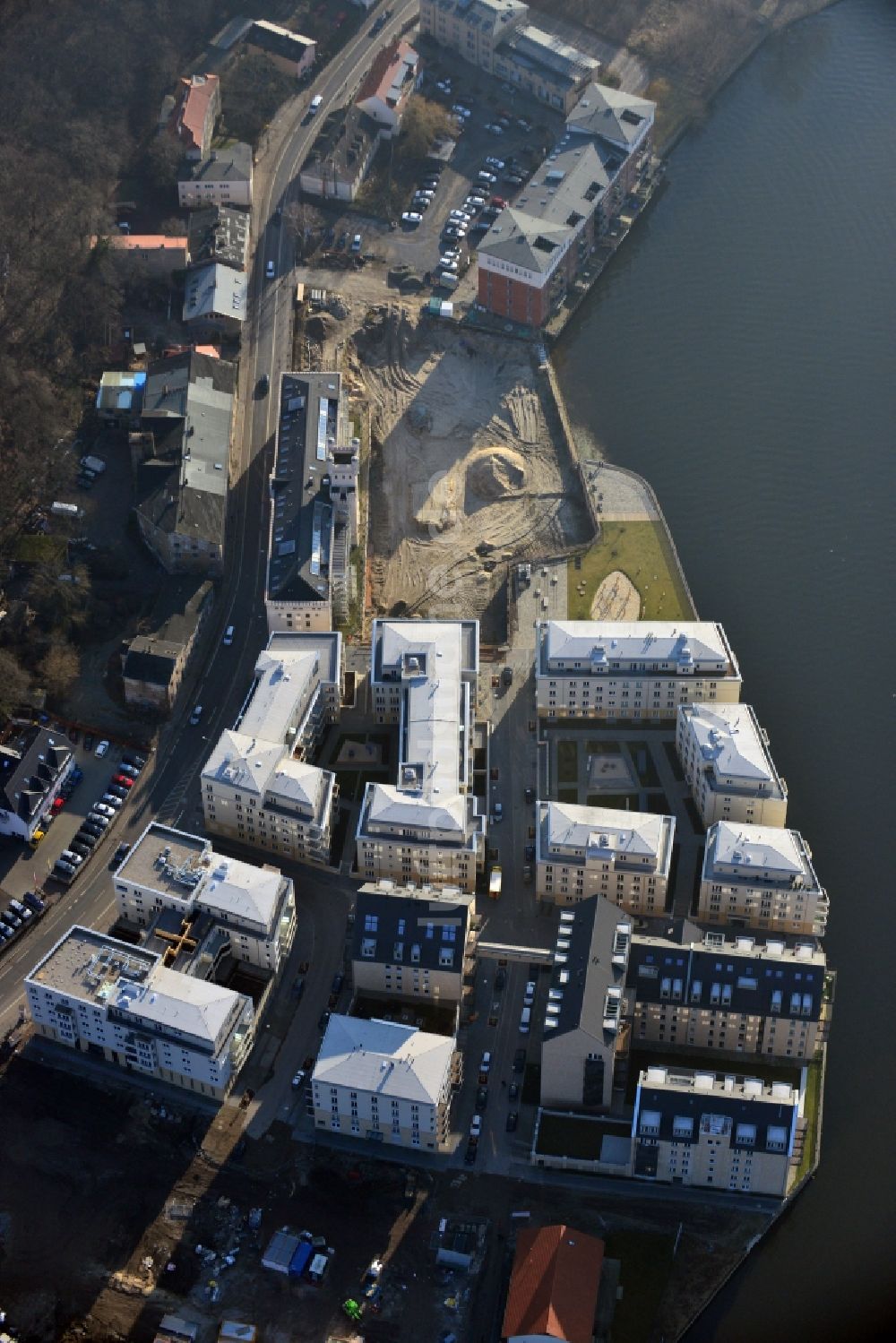 Luftaufnahme Potsdam - Bauarbeiten in der historischen Speicherstadt von Potsdam im Bundesland Brandenburg