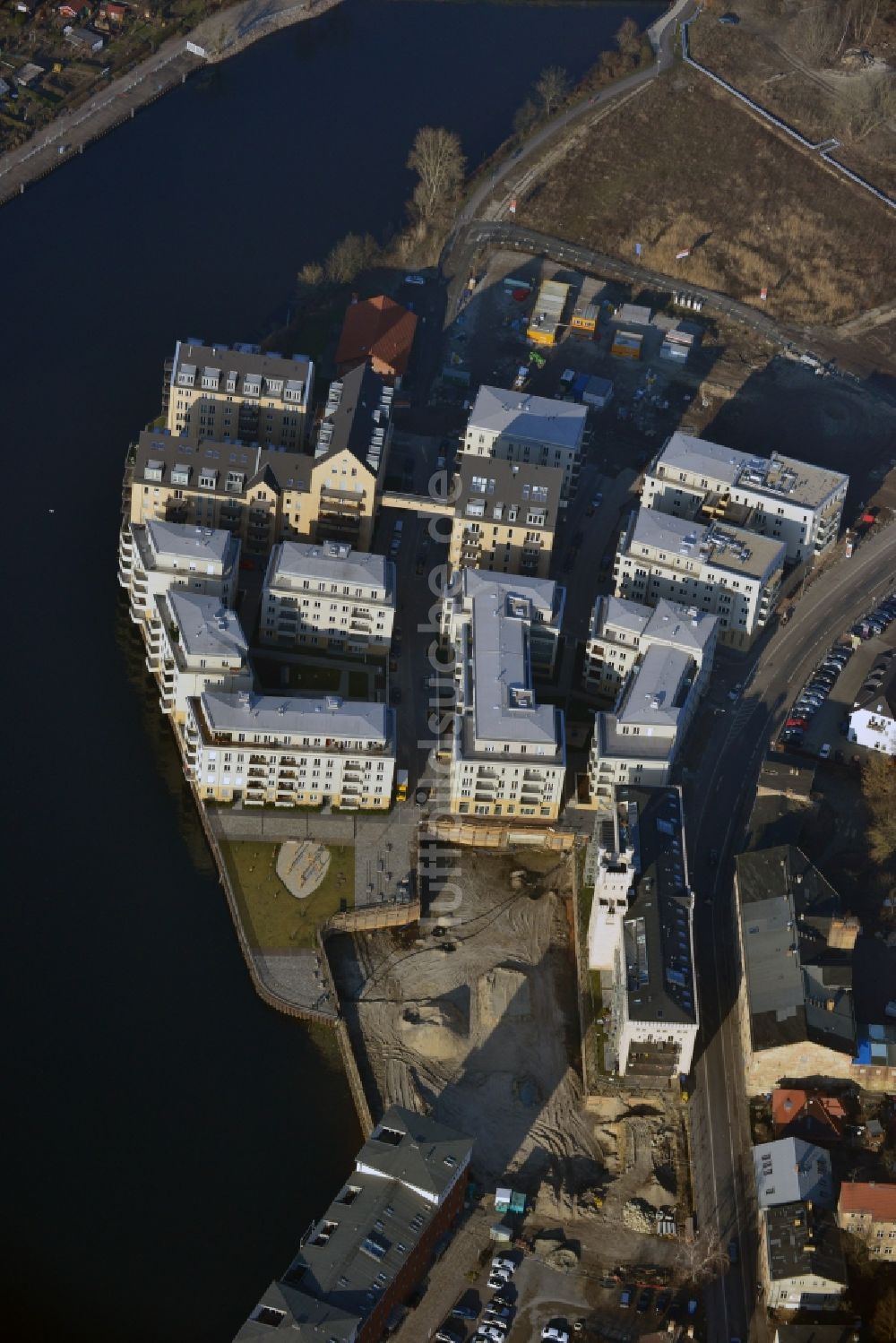 Potsdam von oben - Bauarbeiten in der historischen Speicherstadt von Potsdam im Bundesland Brandenburg