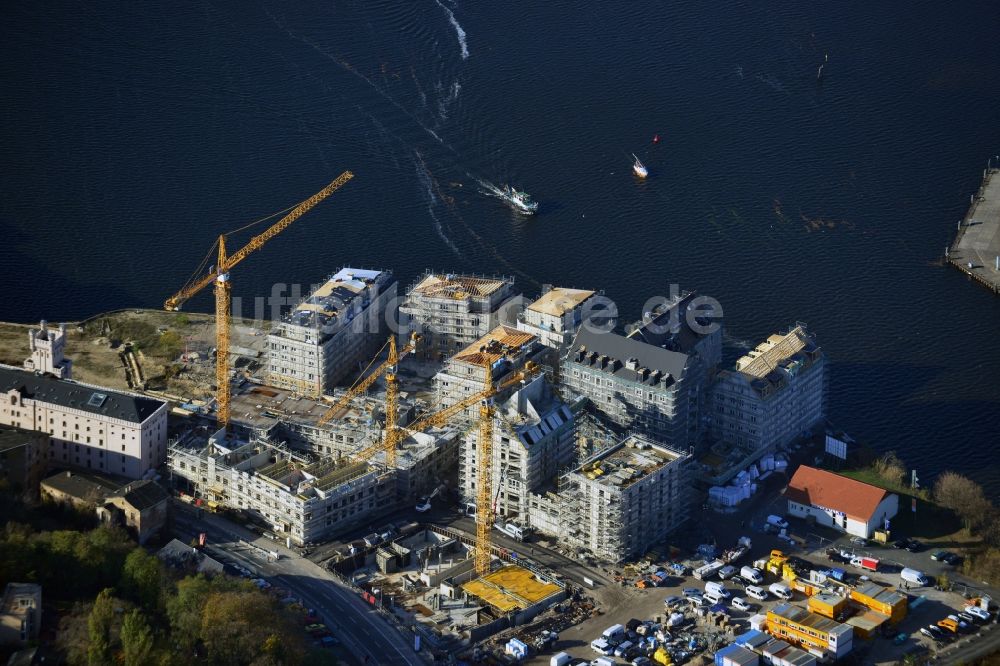 Potsdam von oben - Bauarbeiten in der historischen Speicherstadt von Potsdam, der Landeshauptstadt von Brandenburg