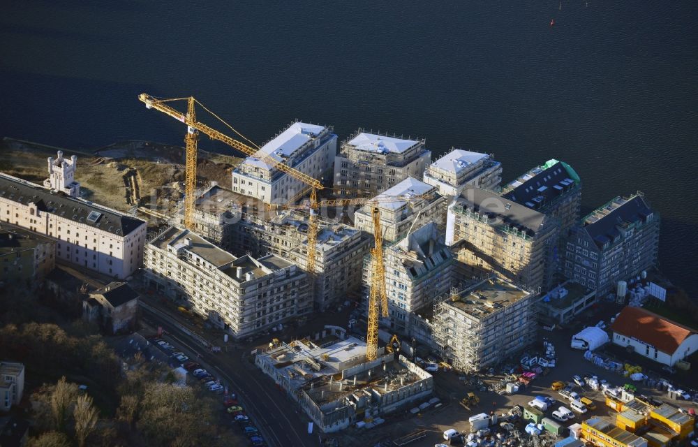 Potsdam von oben - Bauarbeiten in der historischen Speicherstadt von Potsdam, der Landeshauptstadt von Brandenburg