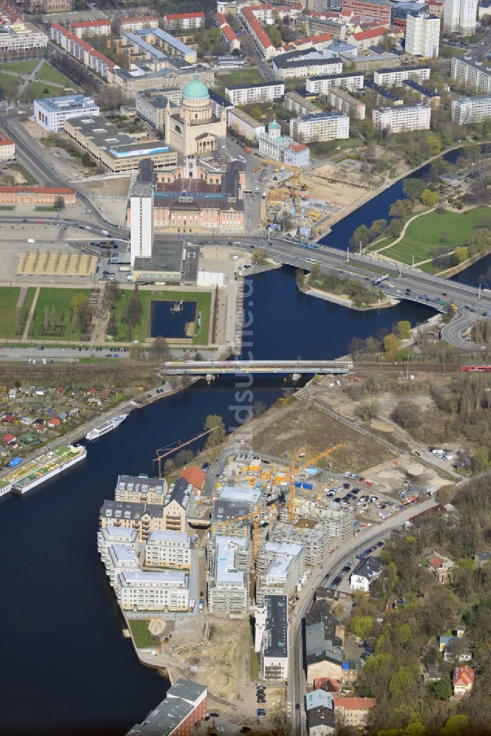 Potsdam von oben - Bauarbeiten in der historischen Speicherstadt von Potsdam, der Landeshauptstadt von Brandenburg