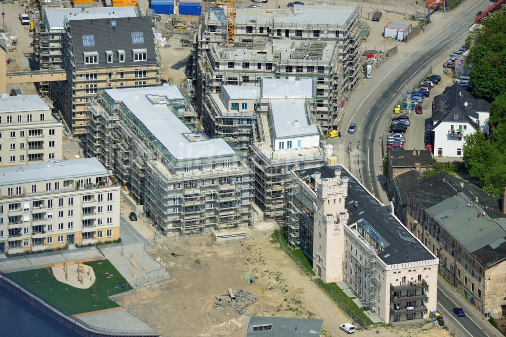 Potsdam von oben - Bauarbeiten in der historischen Speicherstadt von Potsdam, der Landeshauptstadt von Brandenburg