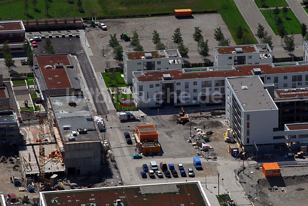 München - Riem von oben - Baugelände des Wohngebietes nahe dem Messe- und BUGA-Gelände - München (Bayern)