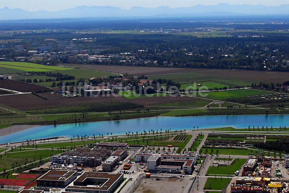 München - Riem von oben - Baugelände des Wohngebietes nahe dem Messe- und BUGA-Gelände - München (Bayern)