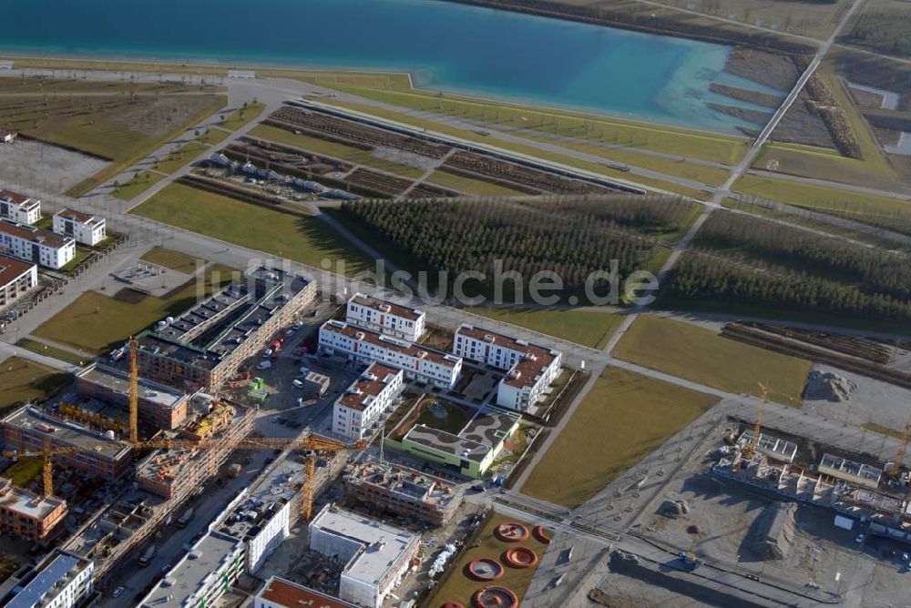 München von oben - Baugelände des Wohngebietes nahe dem Messe- und BUGA-Gelände - München (Bayern)