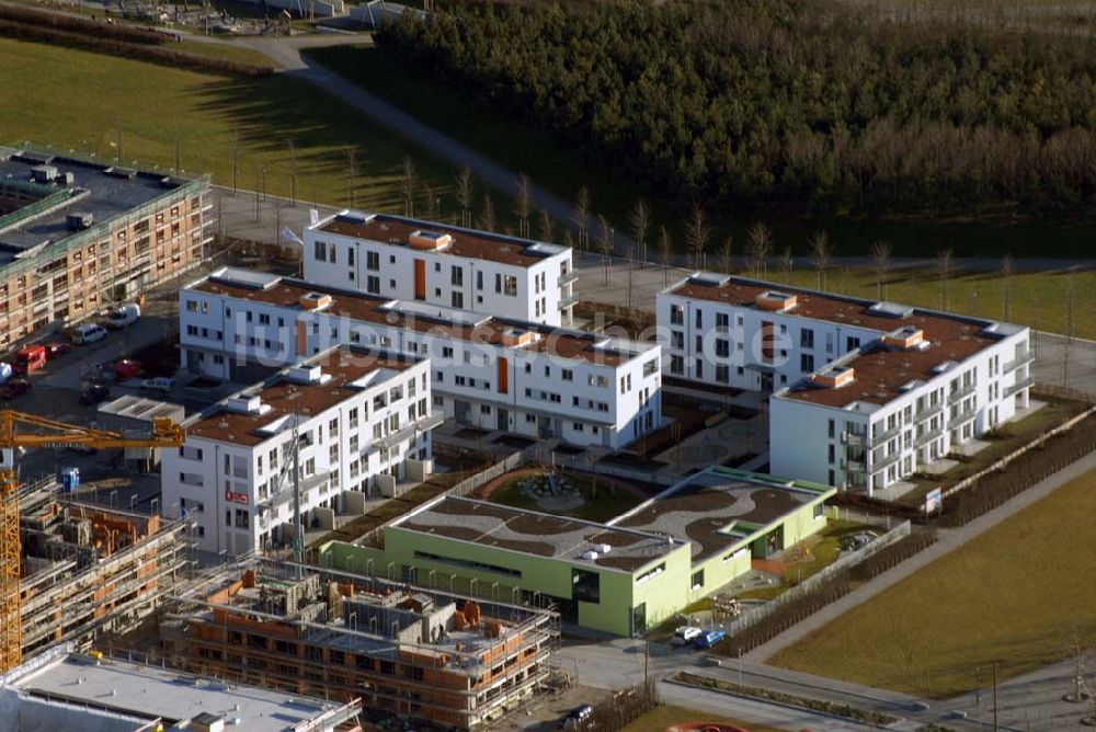 München von oben - Baugelände des Wohngebietes nahe dem Messe- und BUGA-Gelände - München (Bayern)