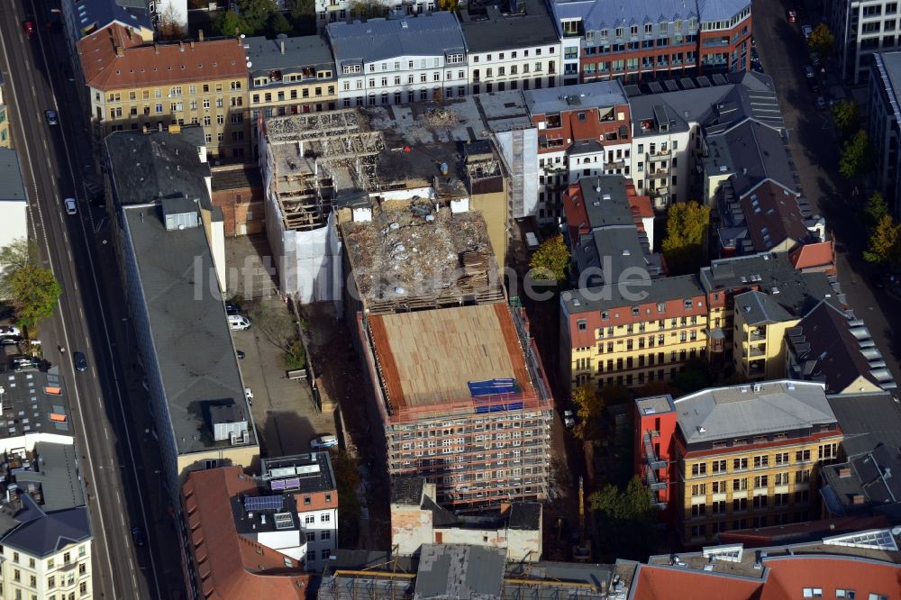 Luftaufnahme Leipzig - Baugeschehen am ehemaligen Ring- Messehaus am Trödlinring in Leipzig im Bundesland Sachsen