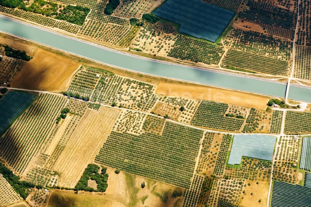 Luftaufnahme Peyruis - Baumreihen einer Obstanbau- Plantage auf einem Feld in Peyruis in Provence-Alpes-Cote d'Azur, Frankreich