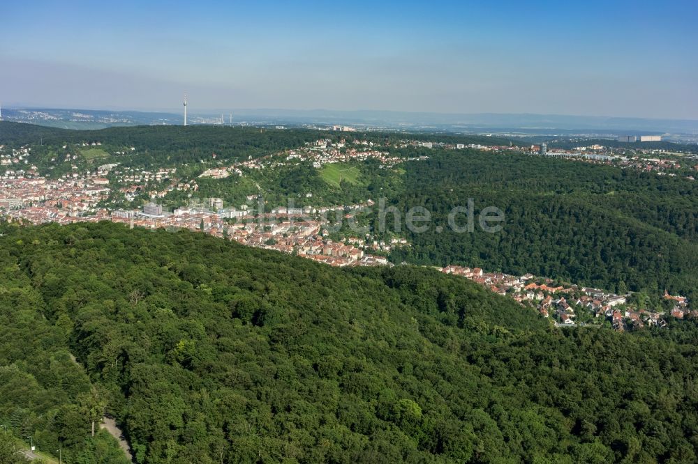 Stuttgart aus der Vogelperspektive: Baumspitzen in einem Waldgebiet im Stadtteil Heslach in Stuttgart im Bundesland Baden-Württemberg