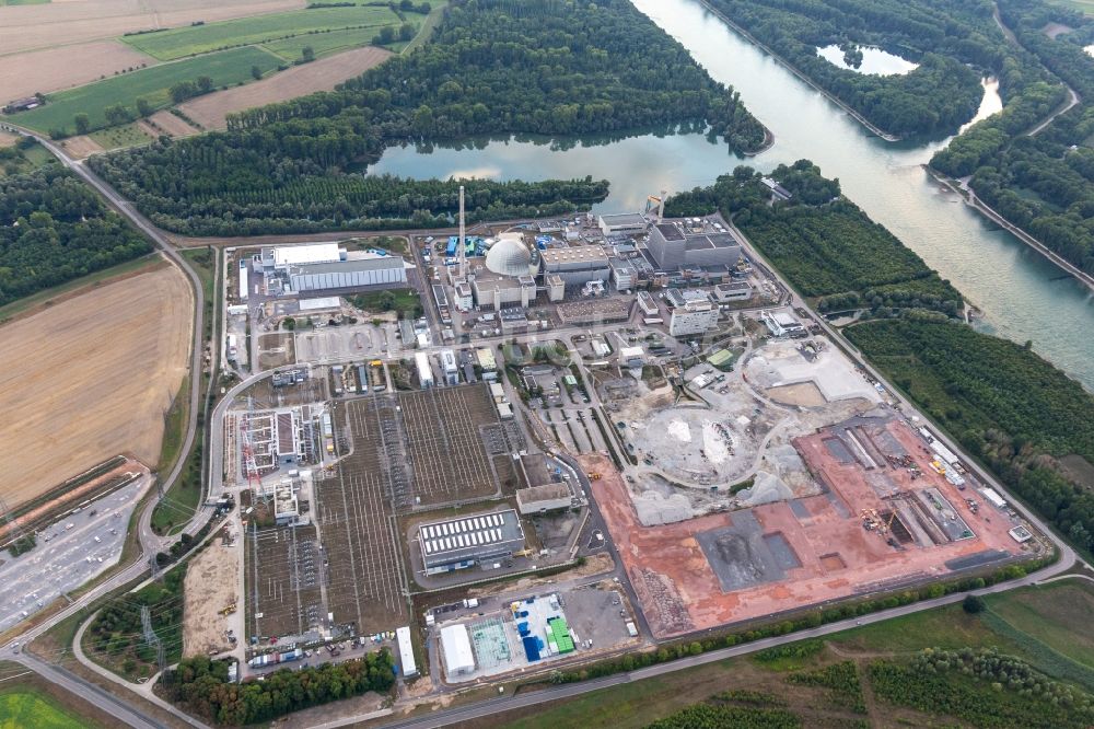 Philippsburg von oben - Bauplatz des Gleichstromkonverters auf dem Geländes des stillgelegten AKW - KKW Kernkraftwerk Philippsburg im Bundesland Baden-Württemberg, Deutschland