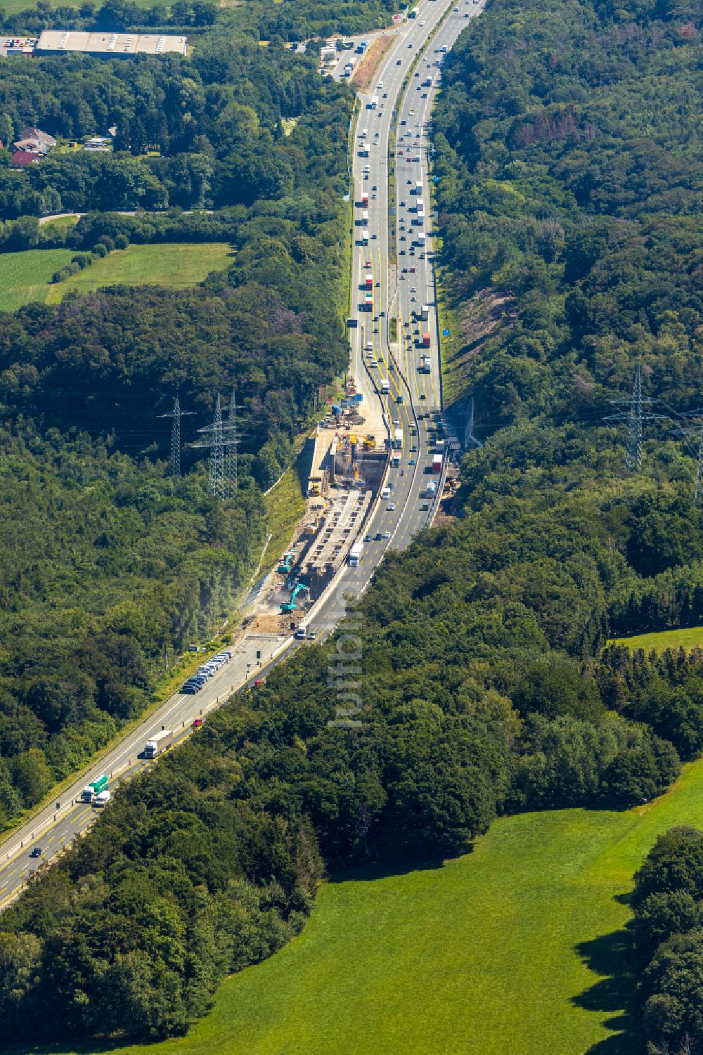 Luftbild Hagen - Baustelle am Autobahn- Brückenbauwerk der BAB A1 in Hagen im Bundesland Nordrhein-Westfalen, Deutschland