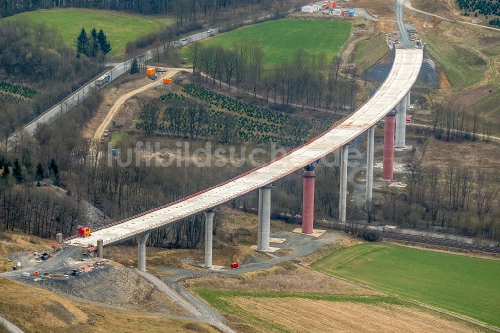 Bestwig aus der Vogelperspektive: Baustelle am Autobahn- Brückenbauwerk der BAB AA 46 - B480n Neue Ruhrtalbrücke Bermecke in Bestwig im Bundesland Nordrhein-Westfalen