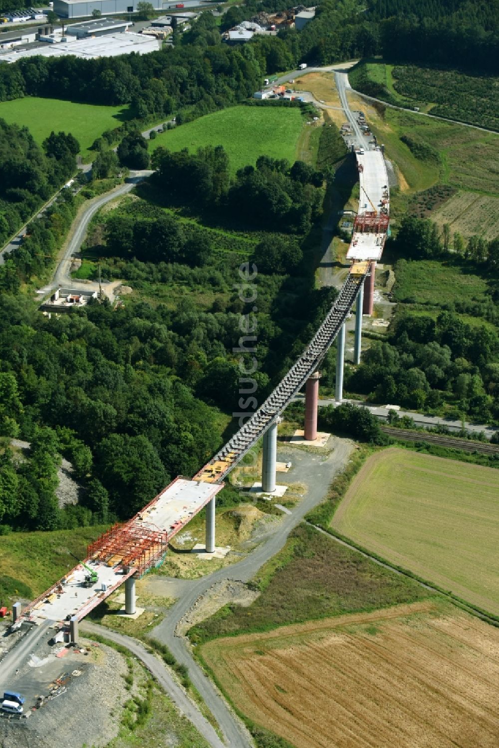 Luftbild Olsberg - Baustelle am Autobahn- Brückenbauwerk der BAB A46n im Ortsteil Bigge in Olsberg im Bundesland Nordrhein-Westfalen, Deutschland