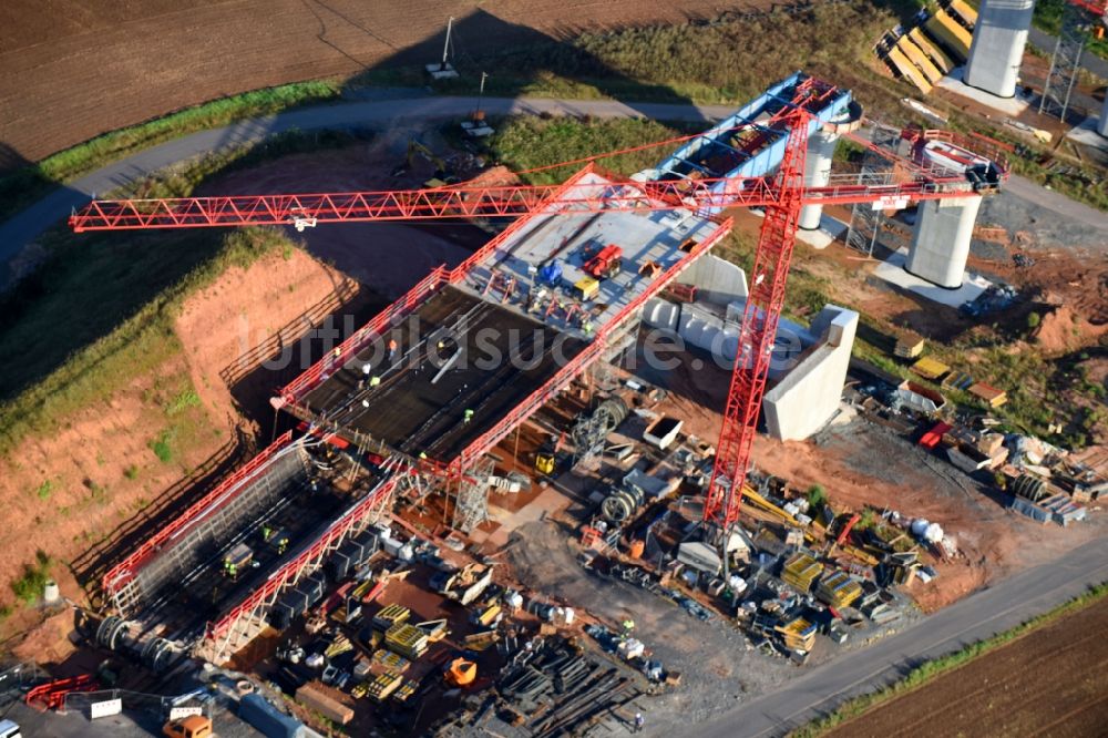 Schwalmstadt von oben - Baustelle am Autobahn- Brückenbauwerk der BAB A49 Talbrücke Katzenbach in Schwalmstadt im Bundesland Hessen, Deutschland