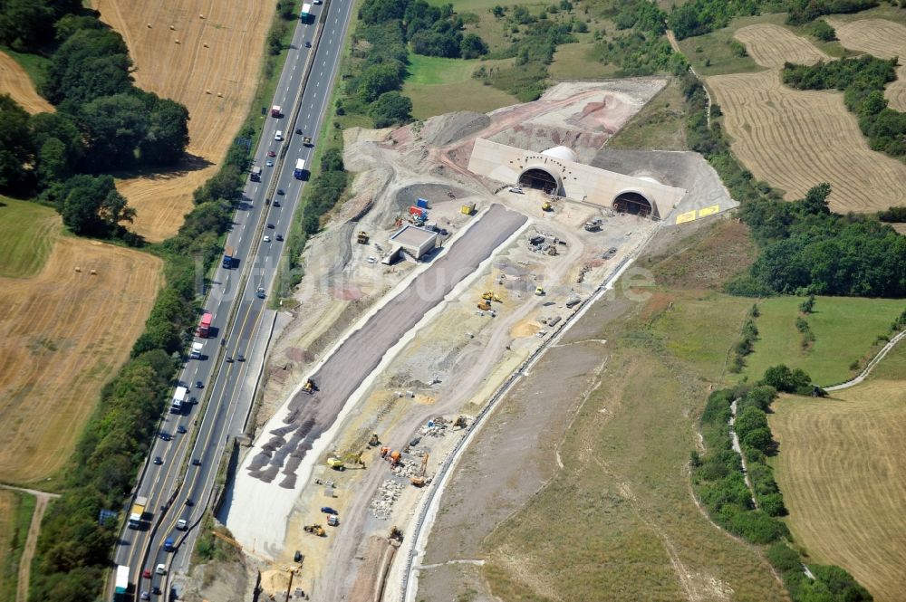 Jena aus der Vogelperspektive: Baustelle der Autobahnverlegung Europastrasse E40 A4 bei Jena in Thüringen