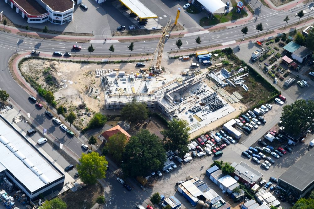 Luftbild Teltow - Baustelle am Autohandels- Gebäude des Autohauses Oderstraße - Saganer Straße in Teltow im Bundesland Brandenburg, Deutschland