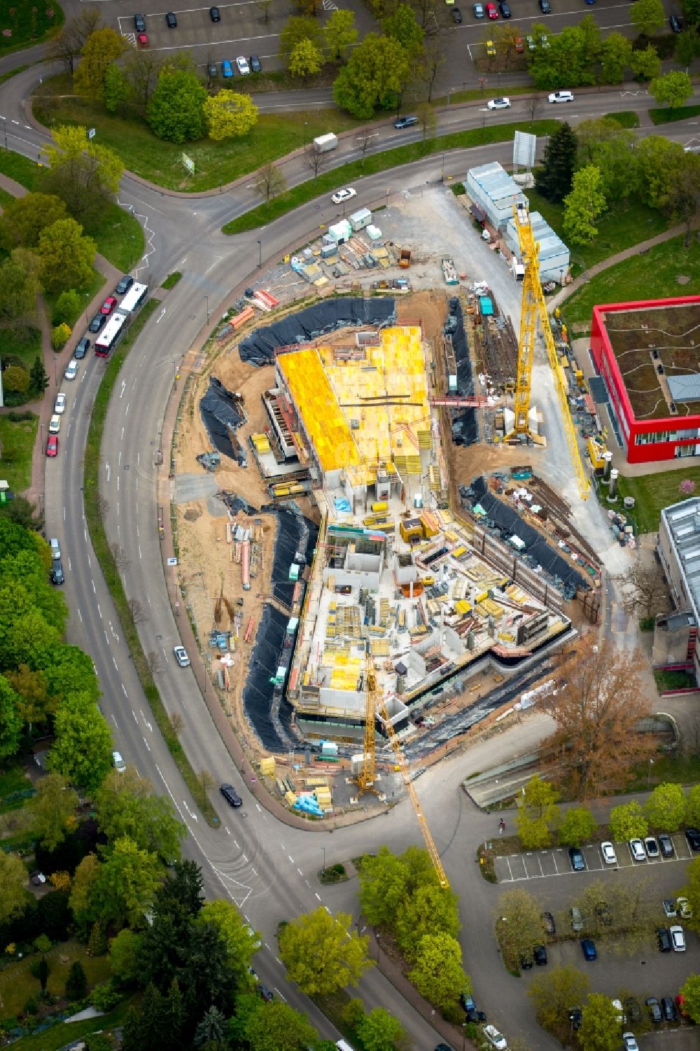 Düsseldorf von oben - Baustelle im Bereich des Gebäudekomplexes 22 am Campus- Gelände der Heinrich-Heine-Universität in Düsseldorf im Bundesland Nordrhein-Westfalen