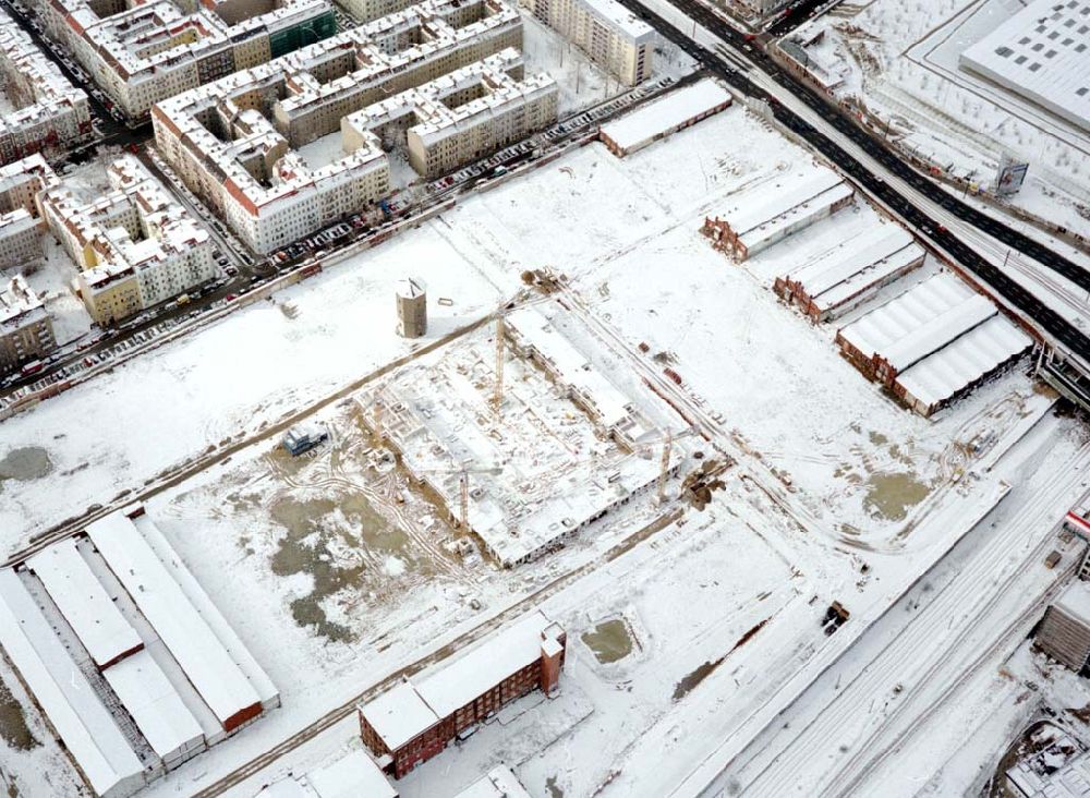 Berlin-Lichtenberg von oben - Baustelle der BLEG auf dem Geländes des Alten Schlachthofes in Berlin - Lichtenberg an der Landsberger Allee / Storkower Straße (Stadtentwicklungsgebiet Eldenaer Straße)