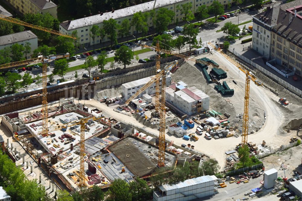 München von oben - Baustelle eines Büro- und Geschäftshaus- Ensemble PANDION beat und PANDION soul in München im Bundesland Bayern, Deutschland