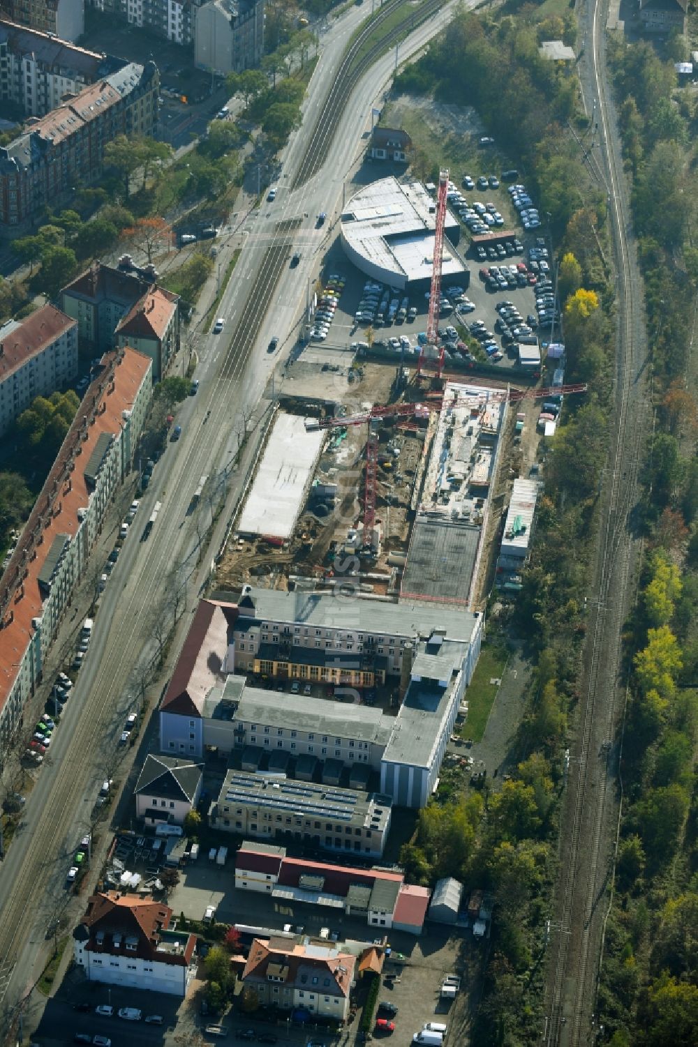 Luftaufnahme Dresden - Baustelle Bürogebäude des Geschäftshauses Annenhöfe der TLG Immobilien AG entlang der Großenhainer Straße in Dresden im Bundesland Sachsen, Deutschland