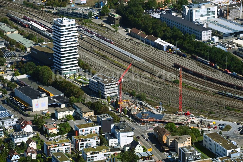 Luftaufnahme Bietigheim-Bissingen - Baustelle Bürogebäude des Geschäftshauses an der Bahnhofstraße - Borsigstraße in Bietigheim-Bissingen im Bundesland Baden-Württemberg, Deutschland