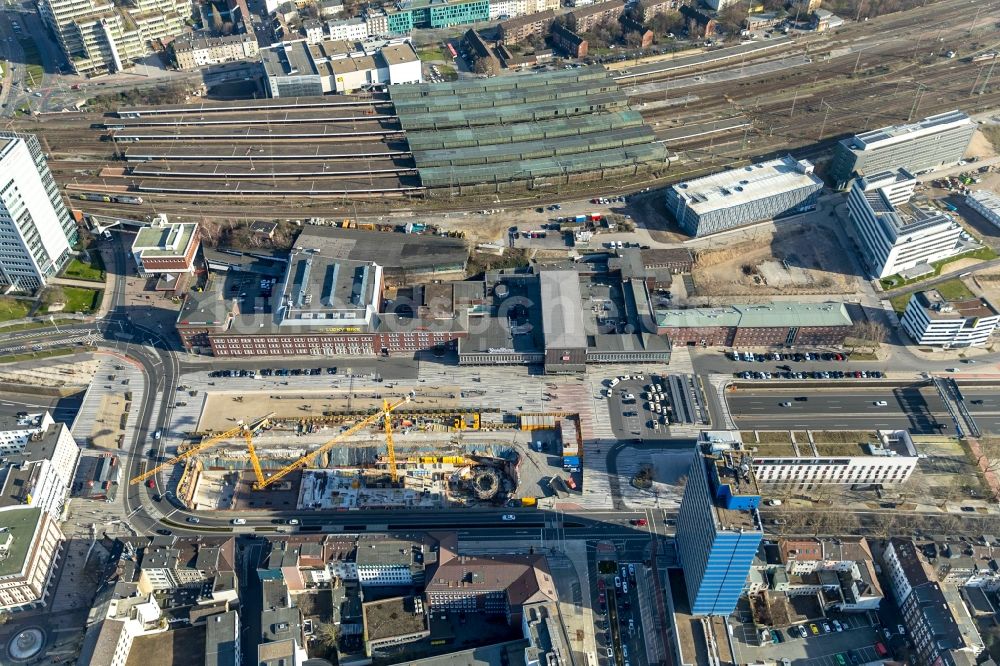 Luftaufnahme Duisburg - Baustelle Bürogebäude des Geschäftshauses Mercator One in Duisburg im Bundesland Nordrhein-Westfalen, Deutschland