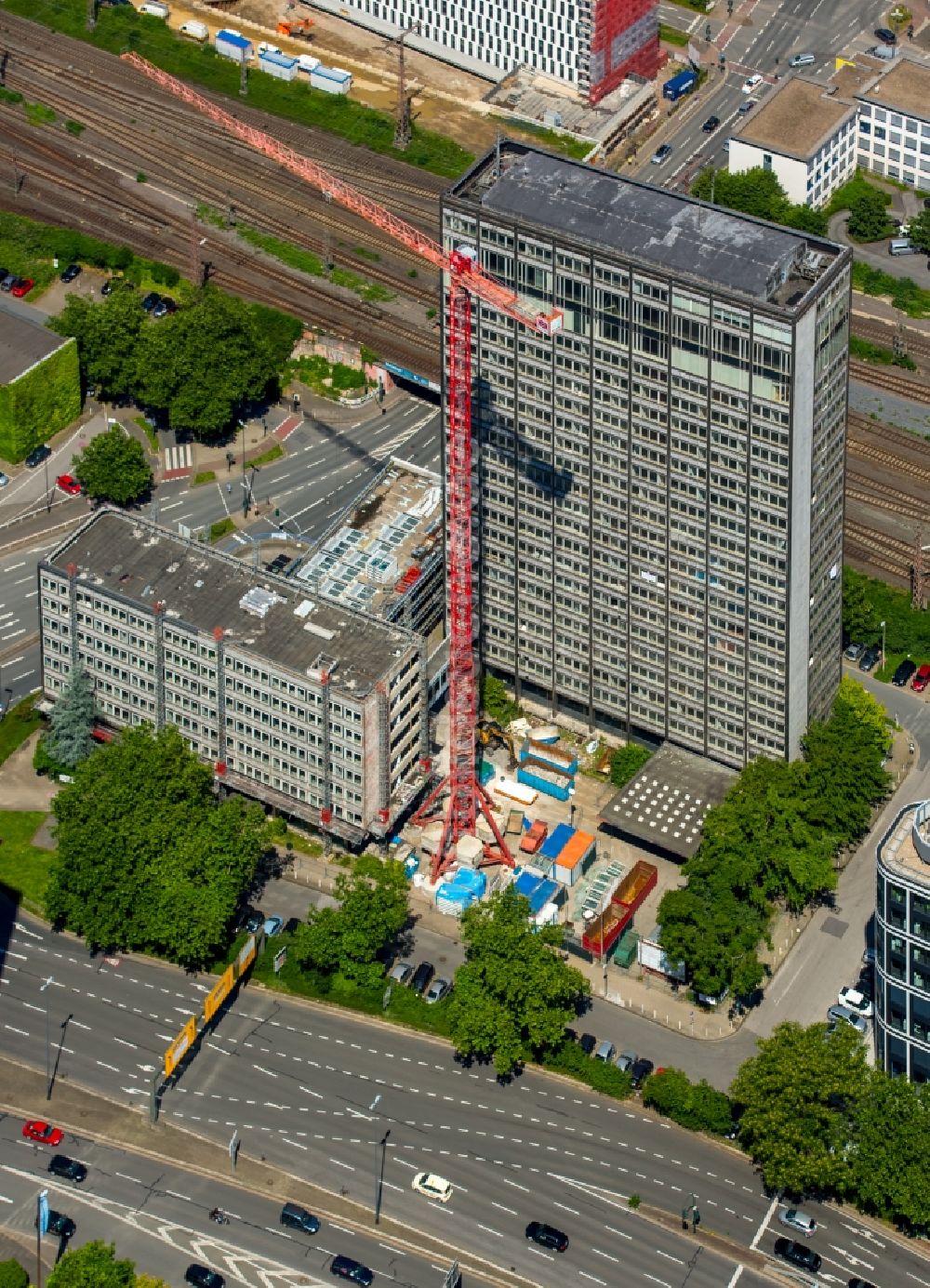 Luftaufnahme Essen - Baustelle Bürogebäude des Geschäftshauses der ThyssenKrupp Aerospace Germany GmbH in Essen im Bundesland Nordrhein-Westfalen