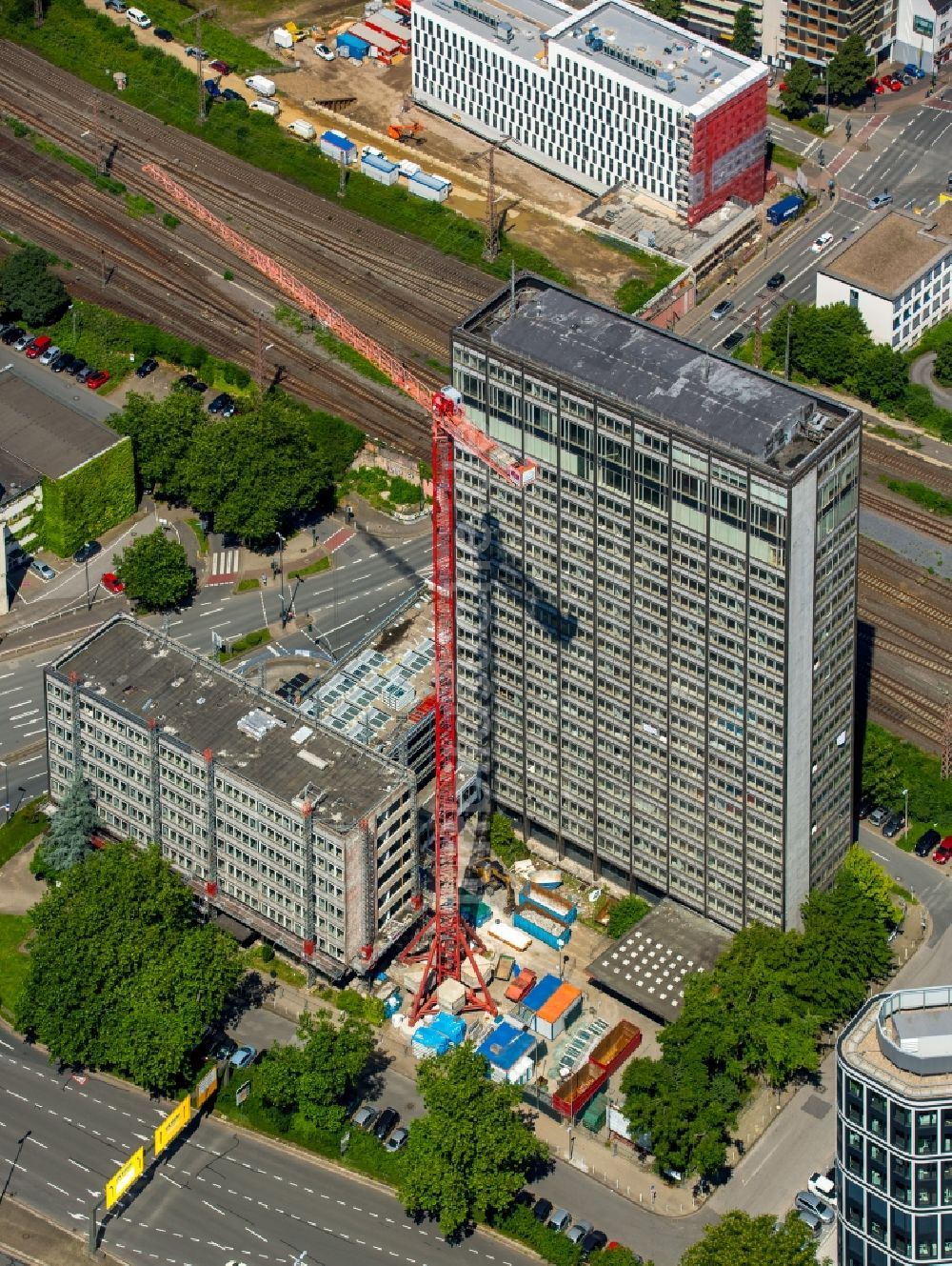 Luftaufnahme Essen - Baustelle Bürogebäude des Geschäftshauses der ThyssenKrupp Aerospace Germany GmbH in Essen im Bundesland Nordrhein-Westfalen