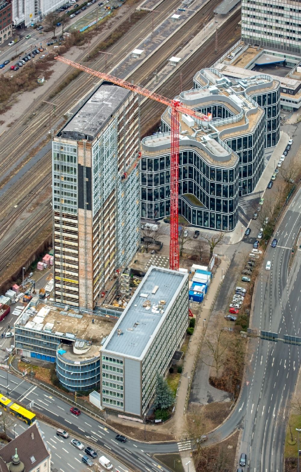 Luftaufnahme Essen - Baustelle Bürogebäude des Thyssenhauses in Essen im Bundesland Nordrhein-Westfalen