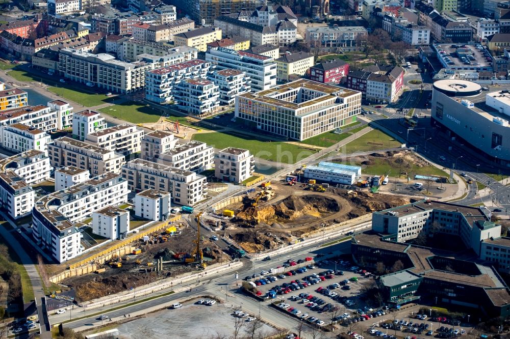 Essen aus der Vogelperspektive: Baustelle zu Bürogebäude und Unternehmenszentrale der Funke Mediengruppe am Berliner Platz im Uni-Viertel in Essen im Bundesland Nordrhein-Westfalen