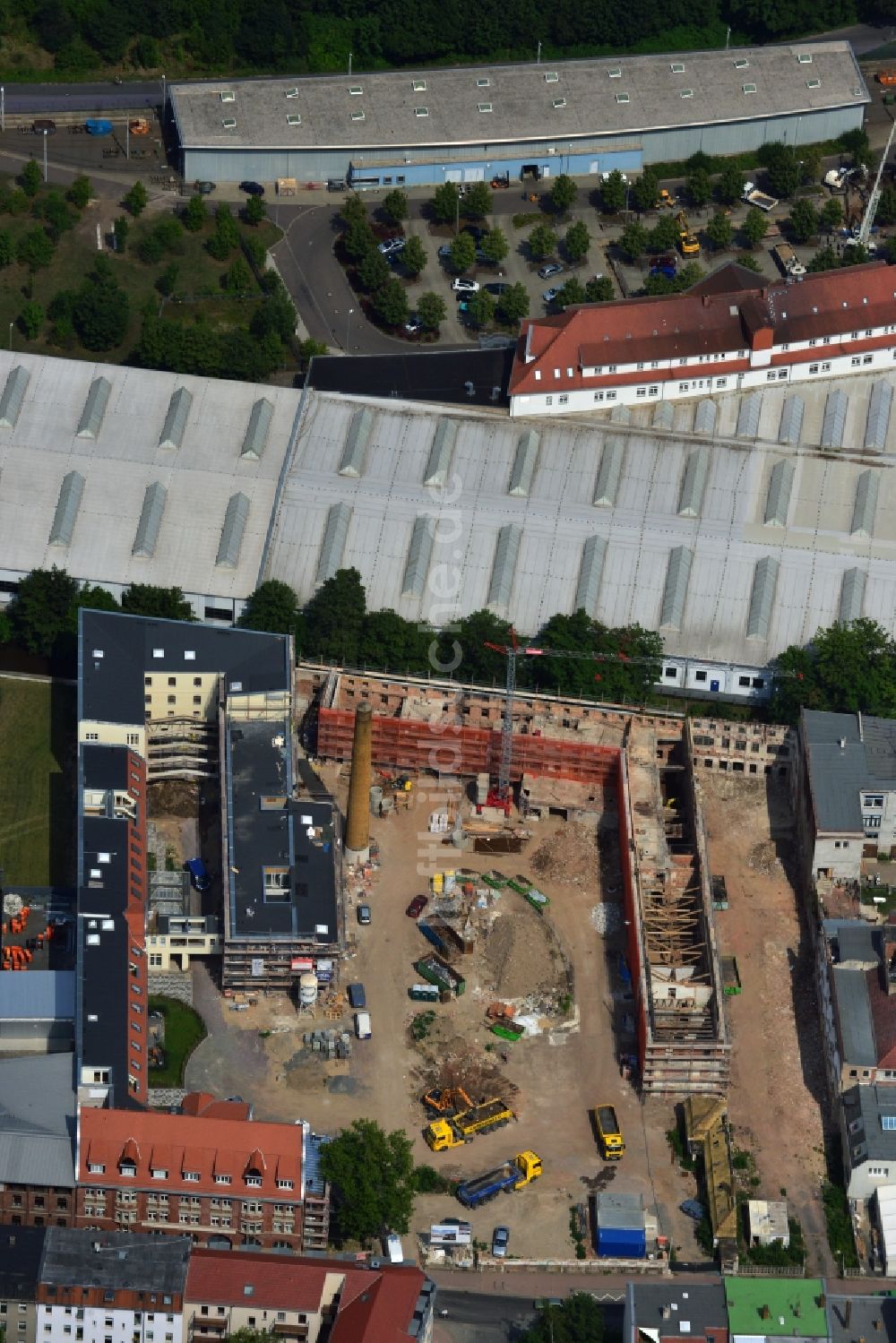 Luftaufnahme Leipzig - Baustelle der ehemaligen Pelzmanufaktur in Leipzig im Bundesland Sachsen.