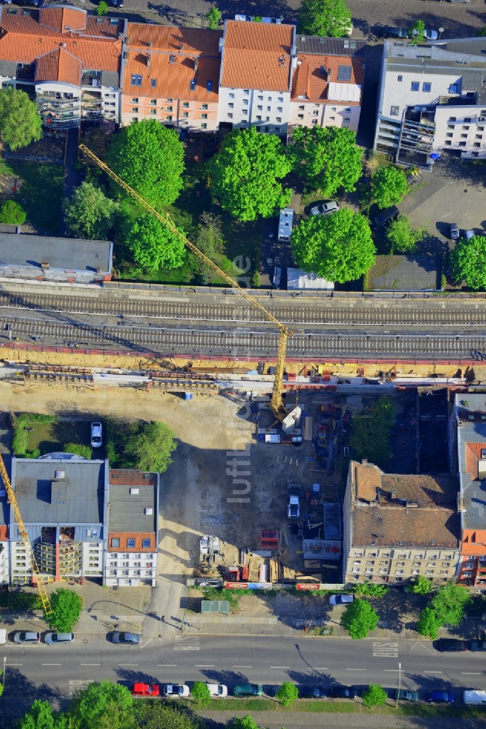 Berlin von oben - Baustelle zu einem Wohnhausneubau im Ortsteil Rummelsburg im Bezirk Lichtenberg in Berlin